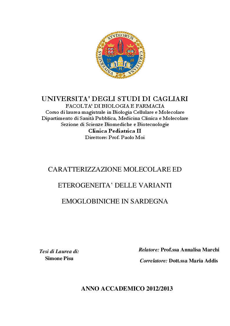 Anteprima della tesi: Caratterizzazione molecolare ed eterogenicità delle varianti emoglobiniche in Sardegna, Pagina 1