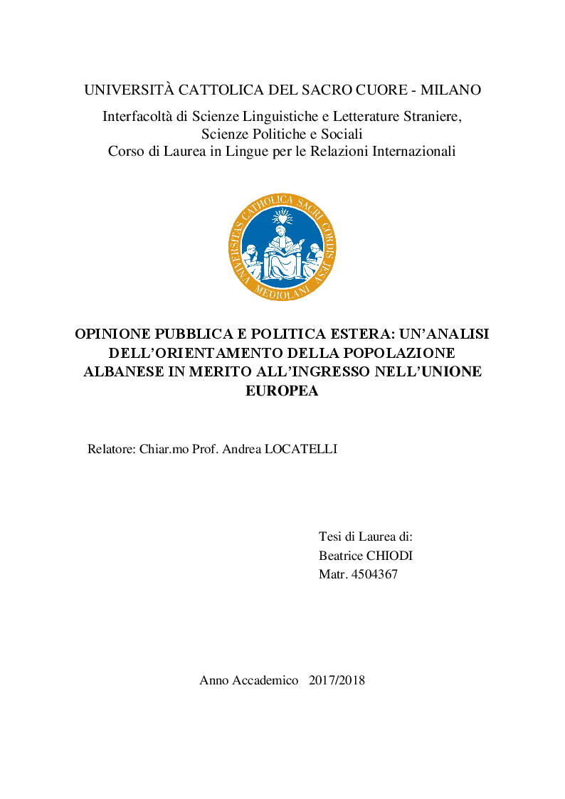 Anteprima della tesi: Opinione Pubblica e Politica Estera: un'analisi dell'orientamento della popolazione albanese in merito all'ingresso nell'Unione Europea, Pagina 1