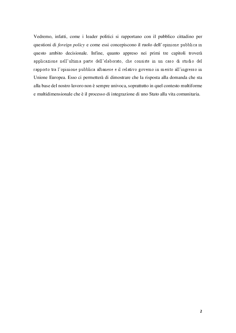 Anteprima della tesi: Opinione Pubblica e Politica Estera: un'analisi dell'orientamento della popolazione albanese in merito all'ingresso nell'Unione Europea, Pagina 3