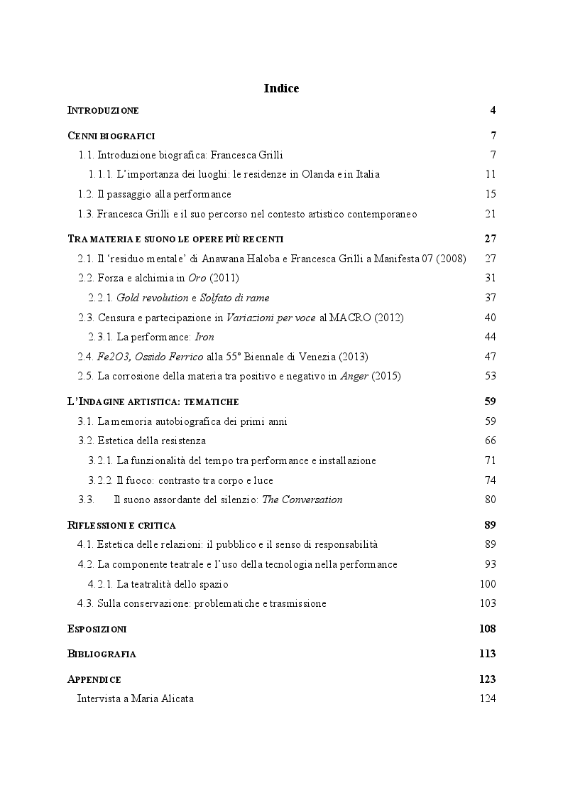 Indice della tesi: Corpo e performatività agli inizi del XXI secolo: Francesca Grilli tra limite e resistenza, Pagina 1