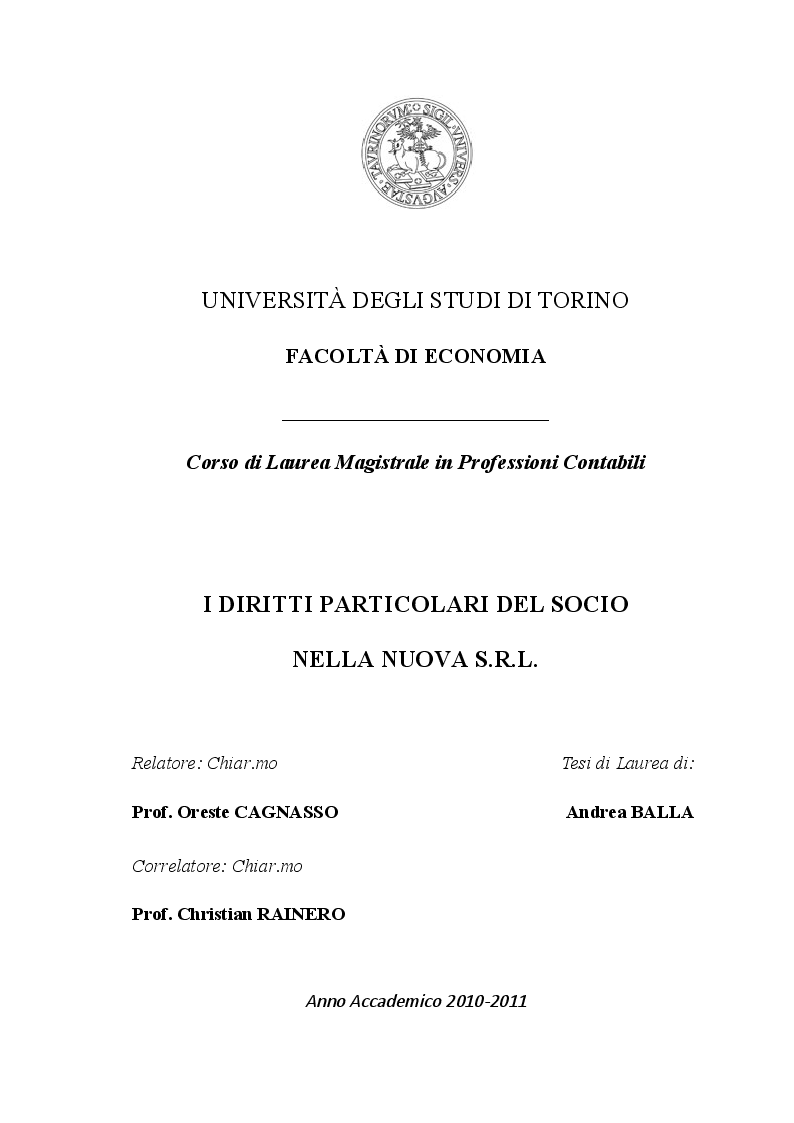 Anteprima della tesi: I Diritti Particolari del Socio nella Nuova S.R.L., Pagina 1