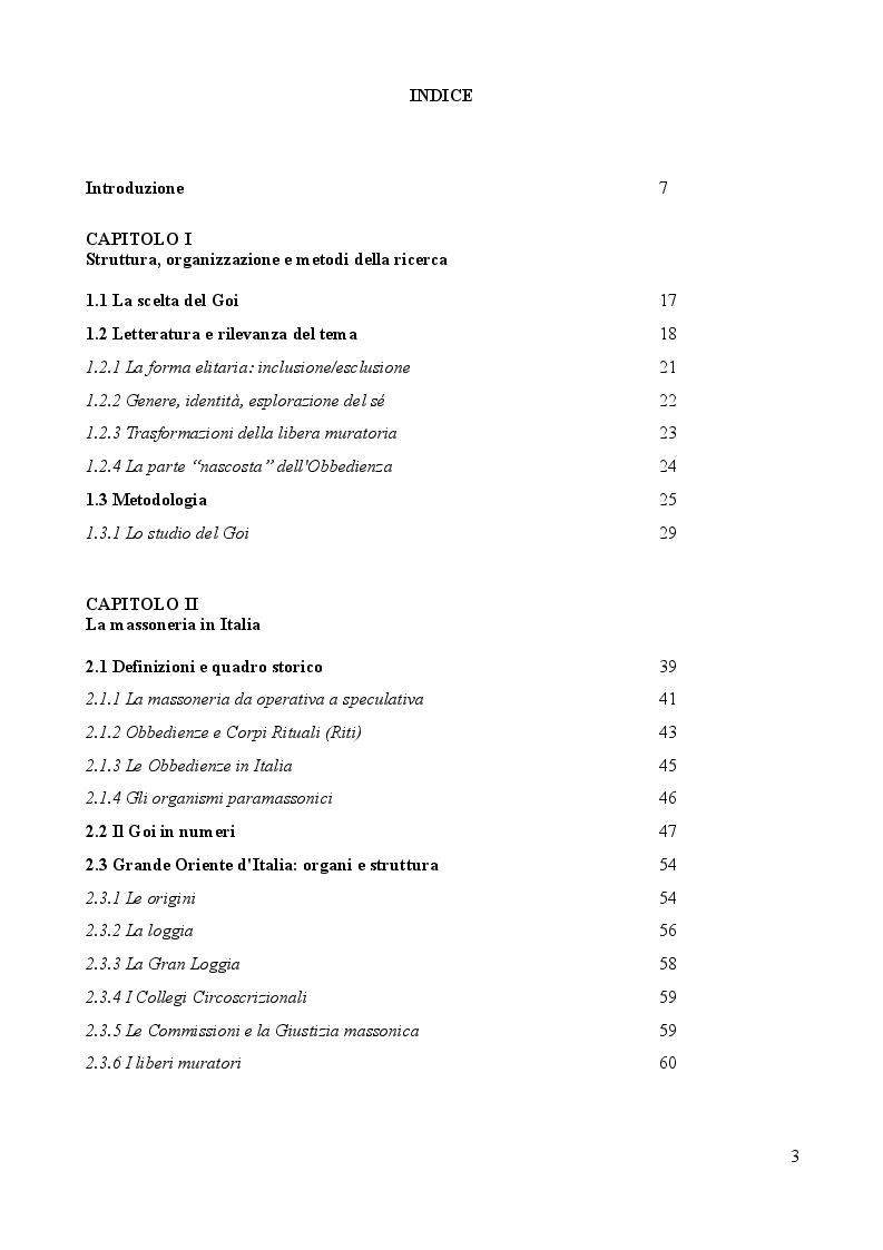 Indice della tesi: Dentro la massoneria. Una ricerca sull'Obbedienza del Grande Oriente d'Italia, Pagina 1