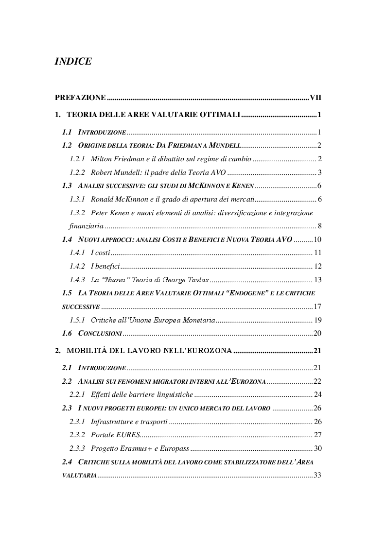 Indice della tesi: Teoria delle Aree Valutarie Ottimali: analisi e criticità dell'Eurozona, Pagina 1