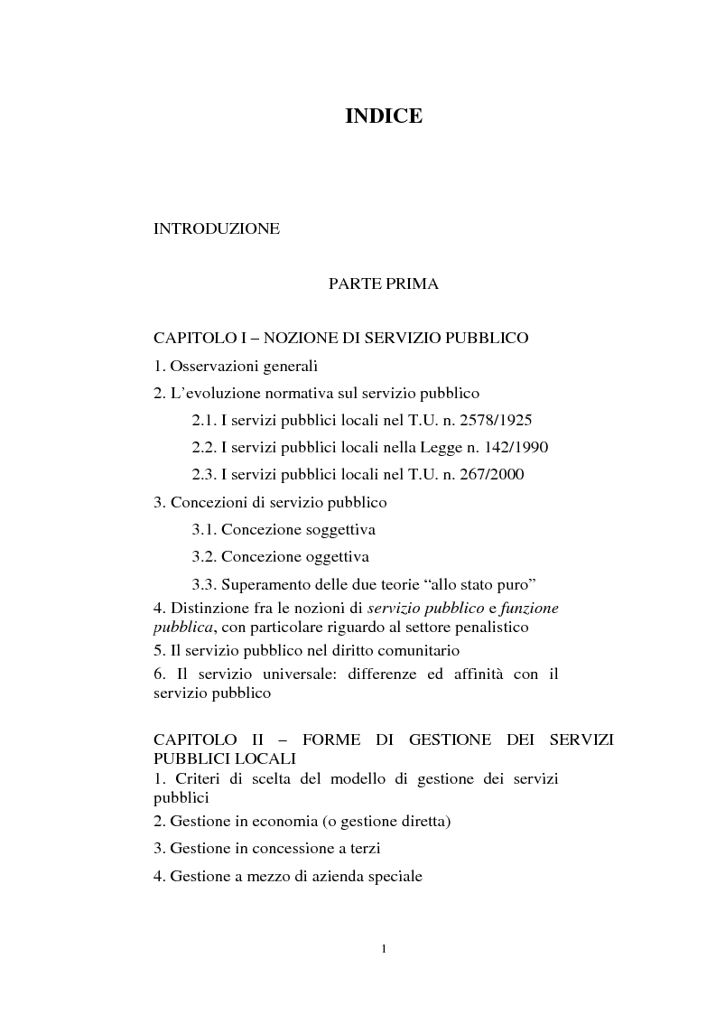Indice della tesi: La gestione societaria dei servizi pubblici locali, Pagina 1