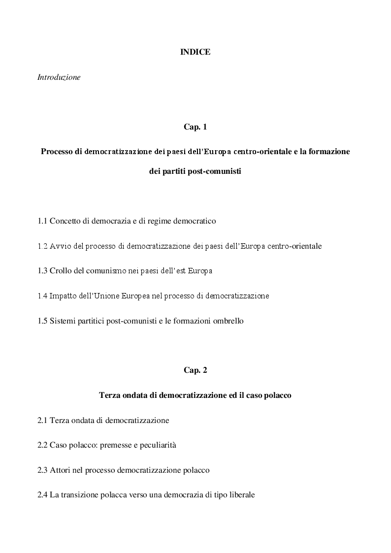 Indice della tesi: Transizione democratica in Polonia e Ungheria, Pagina 1