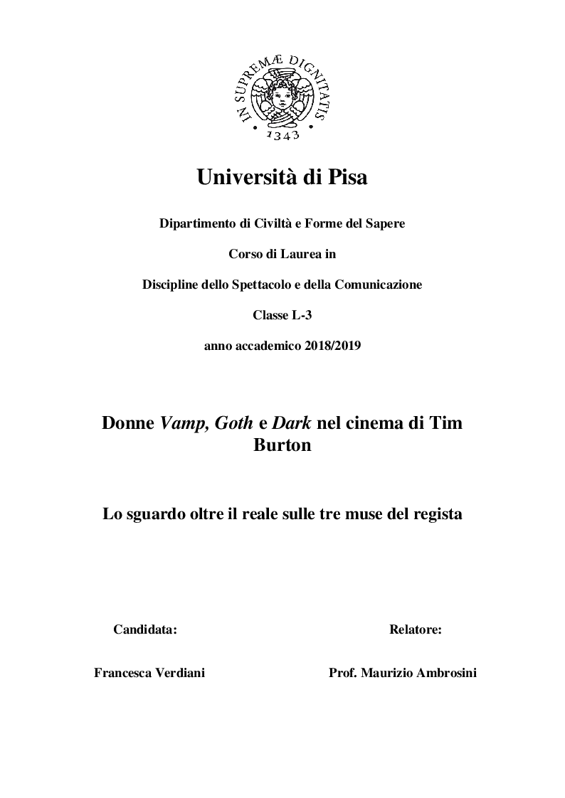 Anteprima della tesi: Donne Vamp, Goth e Dark nel cinema di Tim Burton, Pagina 1