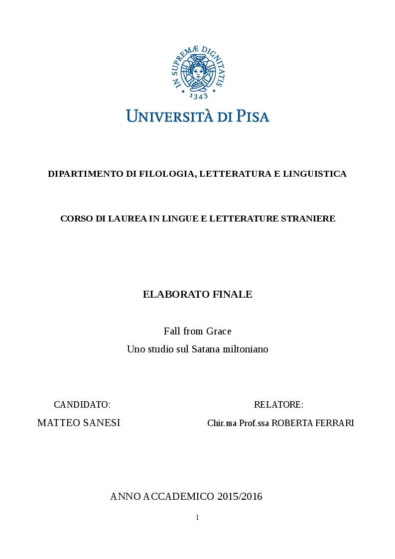 Anteprima della tesi: Fall From Grace - Uno studio sul Satana miltoniano, Pagina 1