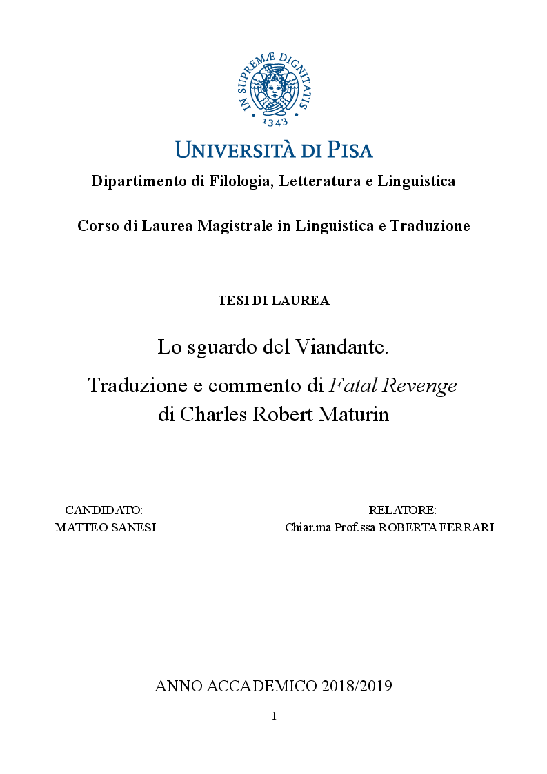 Anteprima della tesi: Lo Sguardo del Viandante. Traduzione e commento di Fatal Revenge di Charles Robert Maturin, Pagina 1