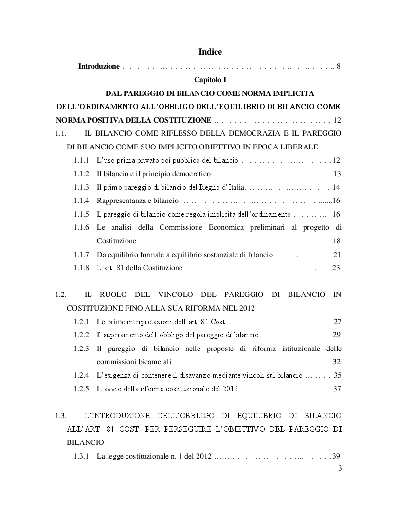 Indice della tesi: La flessibilità del vincolo del pareggio di bilancio ai sensi dell'art. 81 della Costituzione, Pagina 1