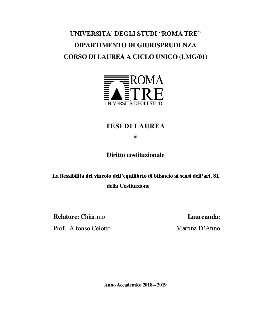 Anteprima della tesi: La flessibilità del vincolo del pareggio di bilancio ai sensi dell'art. 81 della Costituzione, Pagina 1