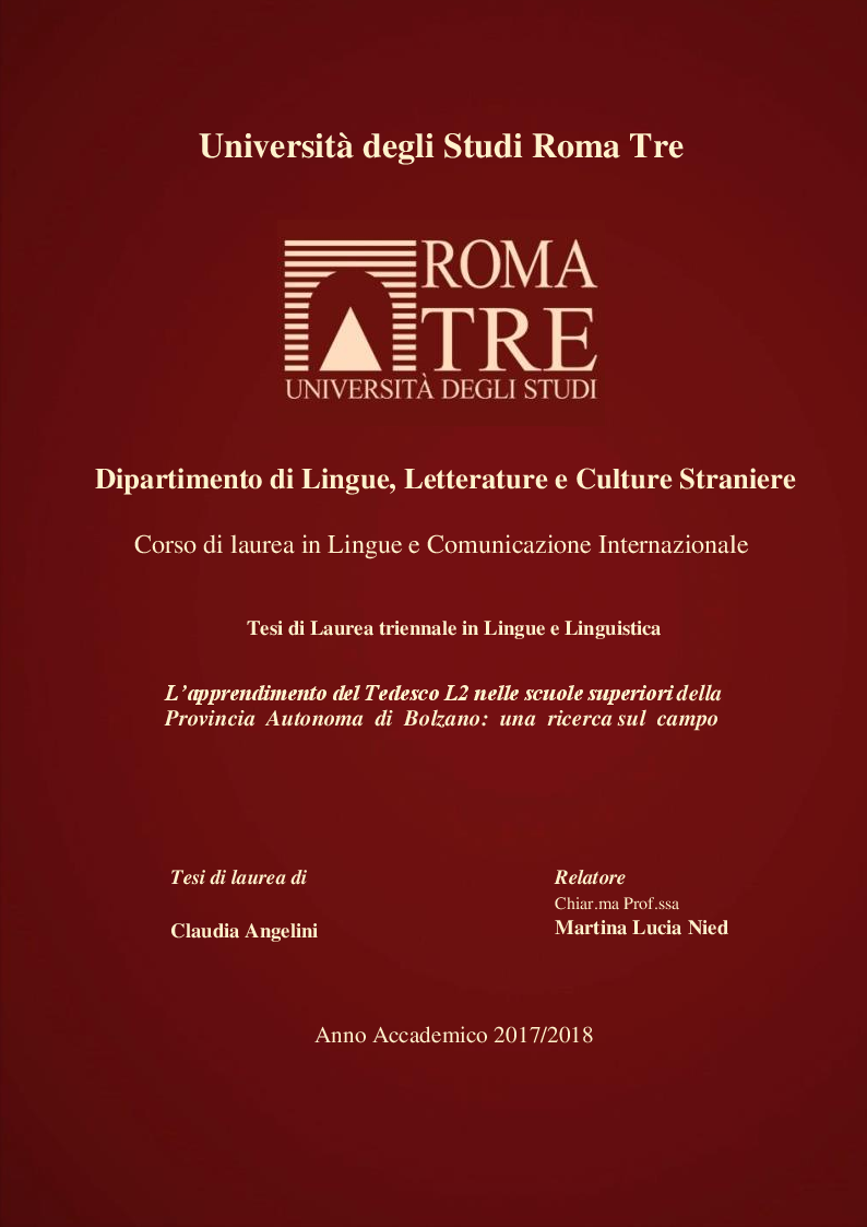 Anteprima della tesi: L’apprendimento del Tedesco L2 nelle scuole superiori della Provincia Autonoma di Bolzano: una ricerca sul campo, Pagina 1