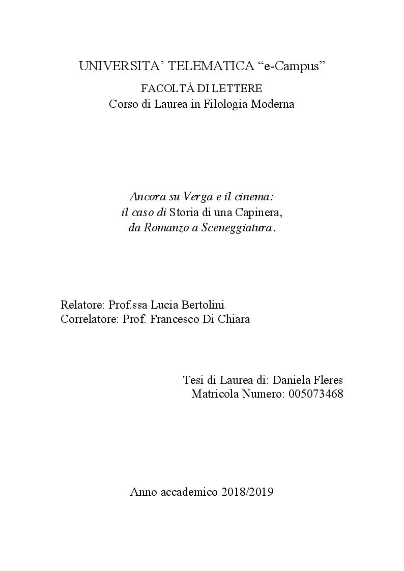 Anteprima della tesi: Ancora su Verga: il caso di ''Storia di una capinera'' da Romanzo a Sceneggiatura, Pagina 1