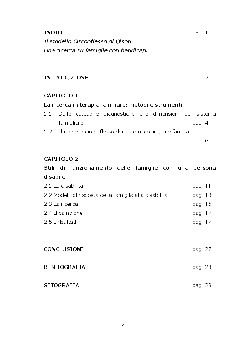 Indice della tesi: Il Modello Circonflesso di Olson. Una ricerca su famiglie con handicap, Pagina 1