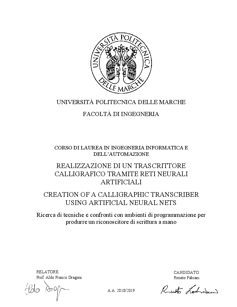 Anteprima della tesi: Realizzazione di un trascrittore calligrafico tramite reti neurali artificiali, Pagina 1