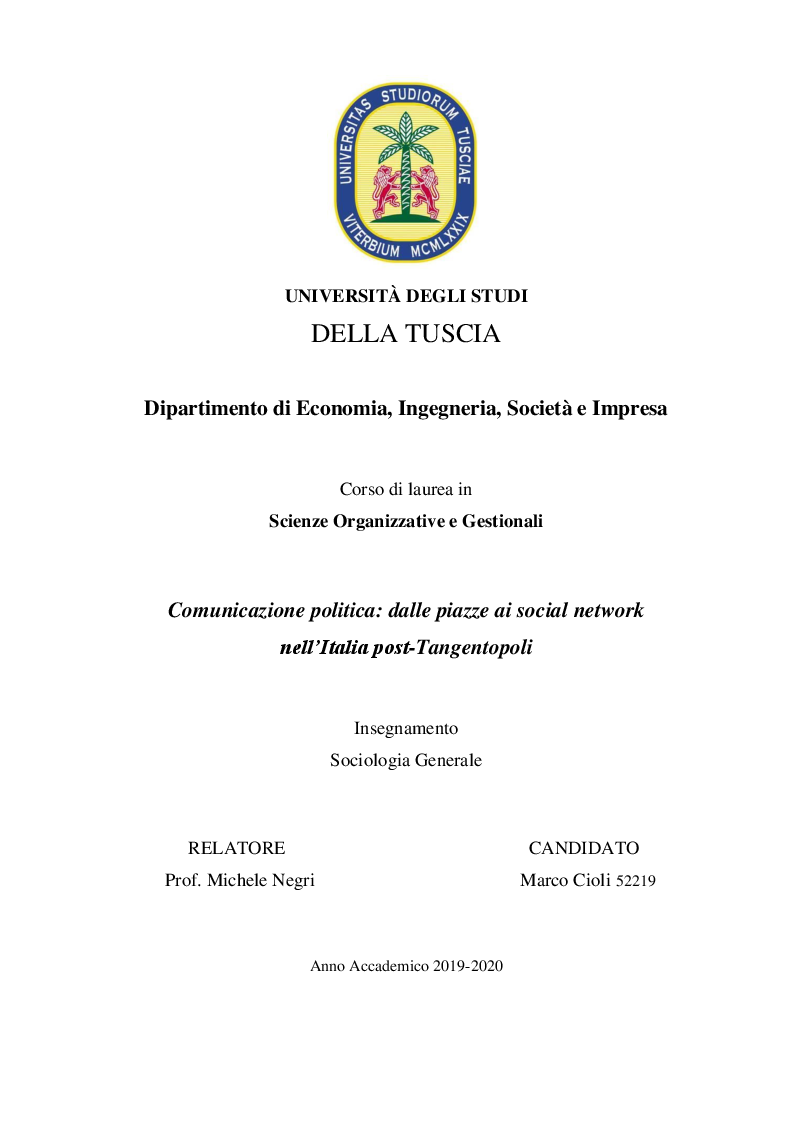 Anteprima della tesi: Comunicazione politica: dalle piazze ai social network nell'Italia post - Tangentopoli, Pagina 1