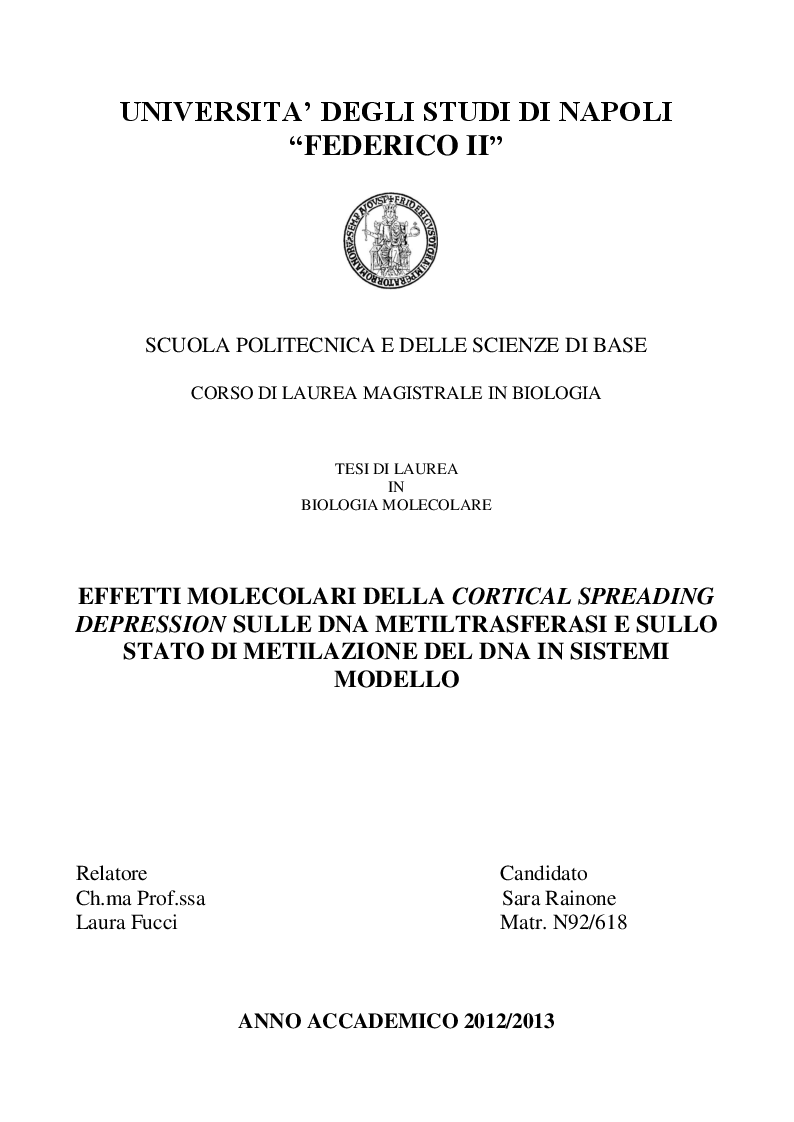 Anteprima della tesi: Effetti molecolari della Cortical Spreading Depression sulle DNA metiltrasferasi e sullo stato di metilazione del DNA in sistemi modello, Pagina 1