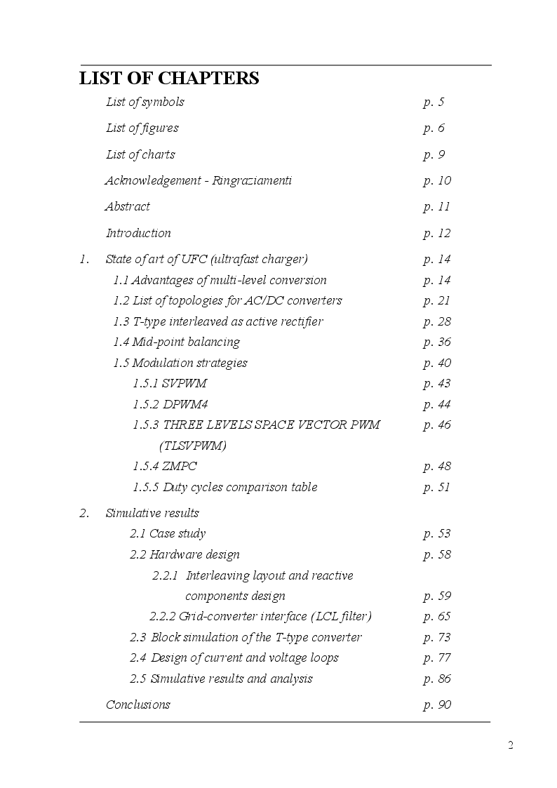 Indice della tesi: Modulation techniques for AC/DC converters in ultrafast battery charger applications, Pagina 1