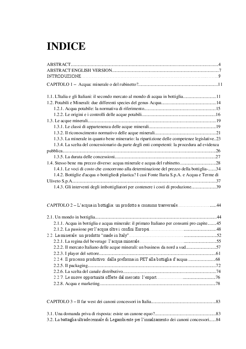 Indice della tesi: Le concessioni delle acque minerali: verso la riforma della Legge Regionale Toscana n.38/2004 in materia di canoni concessori e incentivi per i concessionari, Pagina 1
