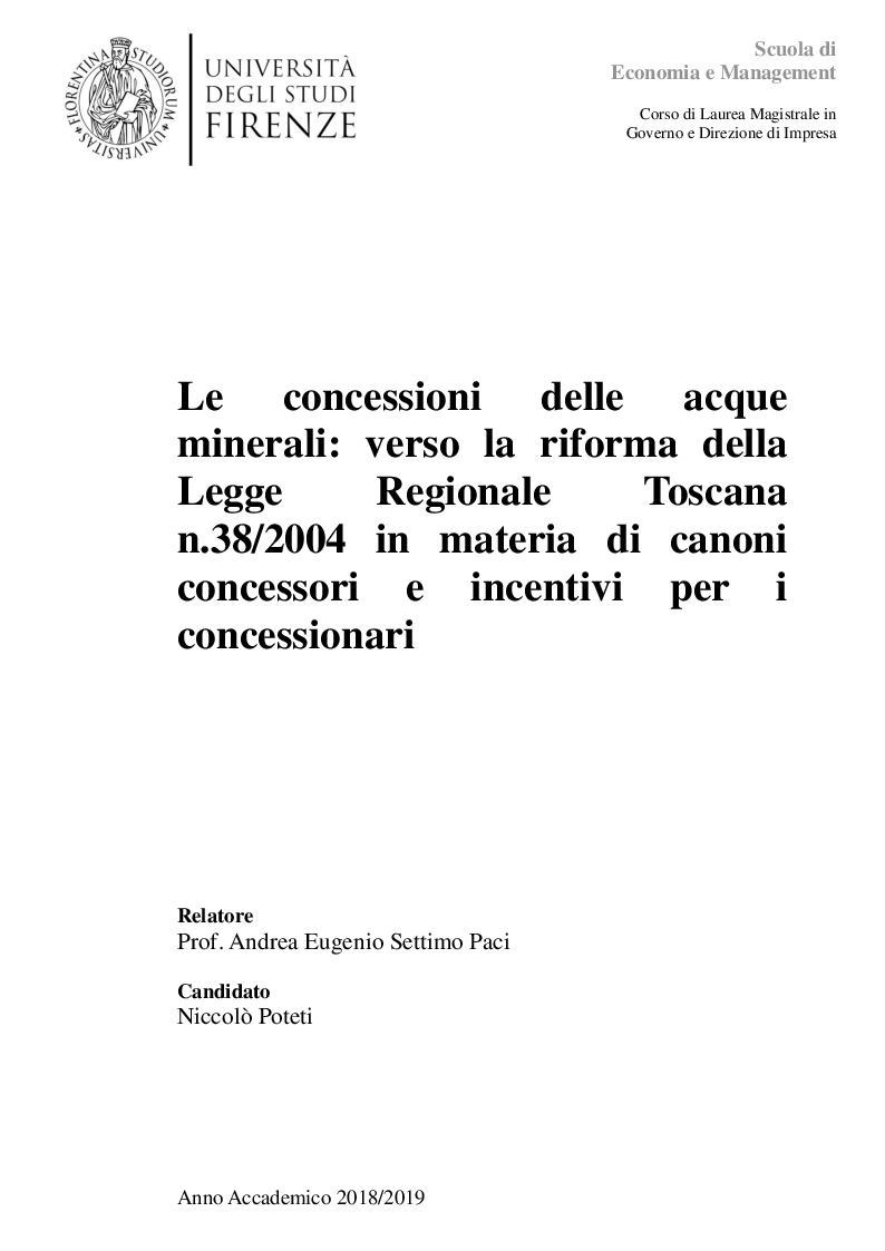 Anteprima della tesi: Le concessioni delle acque minerali: verso la riforma della Legge Regionale Toscana n.38/2004 in materia di canoni concessori e incentivi per i concessionari, Pagina 1