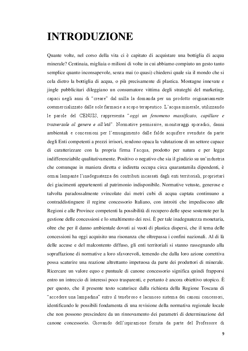 Anteprima della tesi: Le concessioni delle acque minerali: verso la riforma della Legge Regionale Toscana n.38/2004 in materia di canoni concessori e incentivi per i concessionari, Pagina 5