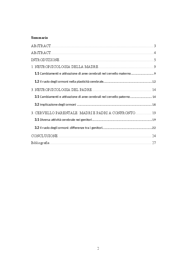 Indice della tesi: Cambiamenti e funzioni cerebrali legati alla genitorialità, Pagina 1