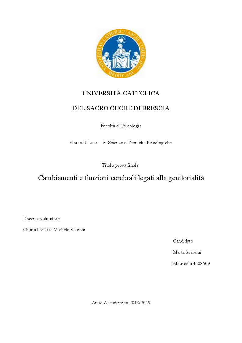 Anteprima della tesi: Cambiamenti e funzioni cerebrali legati alla genitorialità, Pagina 1