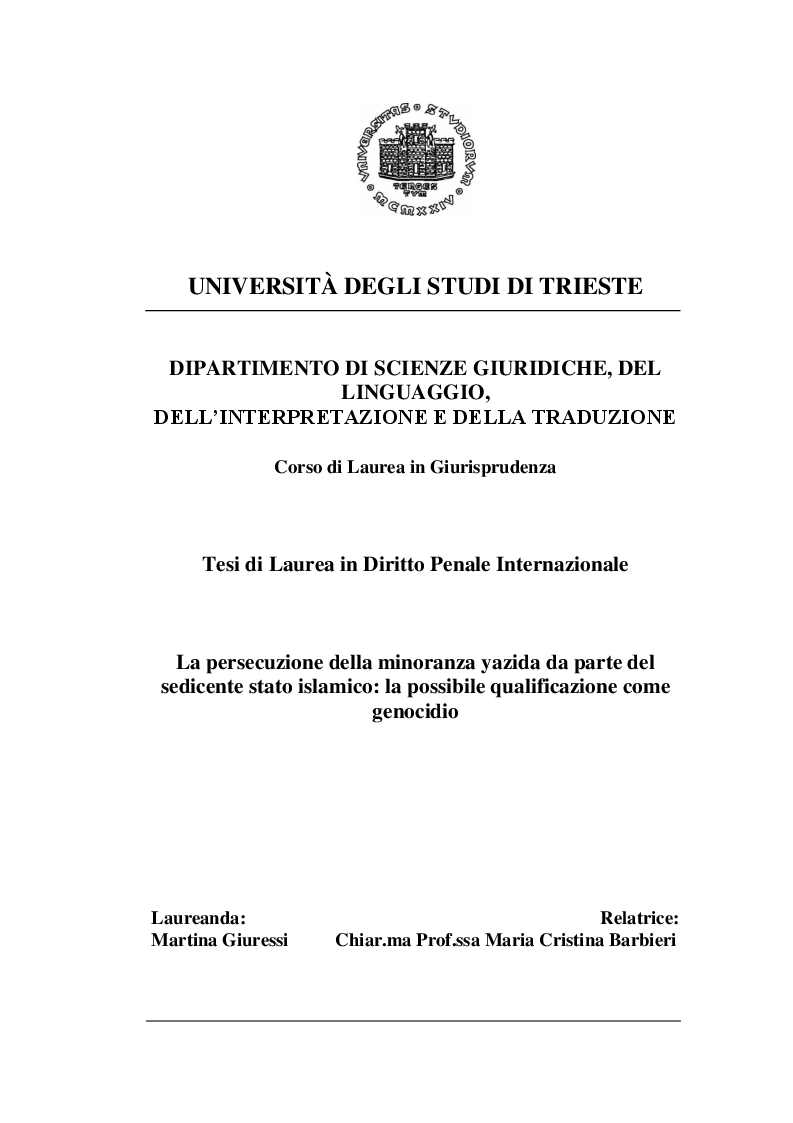 Anteprima della tesi: La persecuzione della minoranza yazida da parte del sedicente stato islamico: la possibile qualificazione come genocidio, Pagina 1