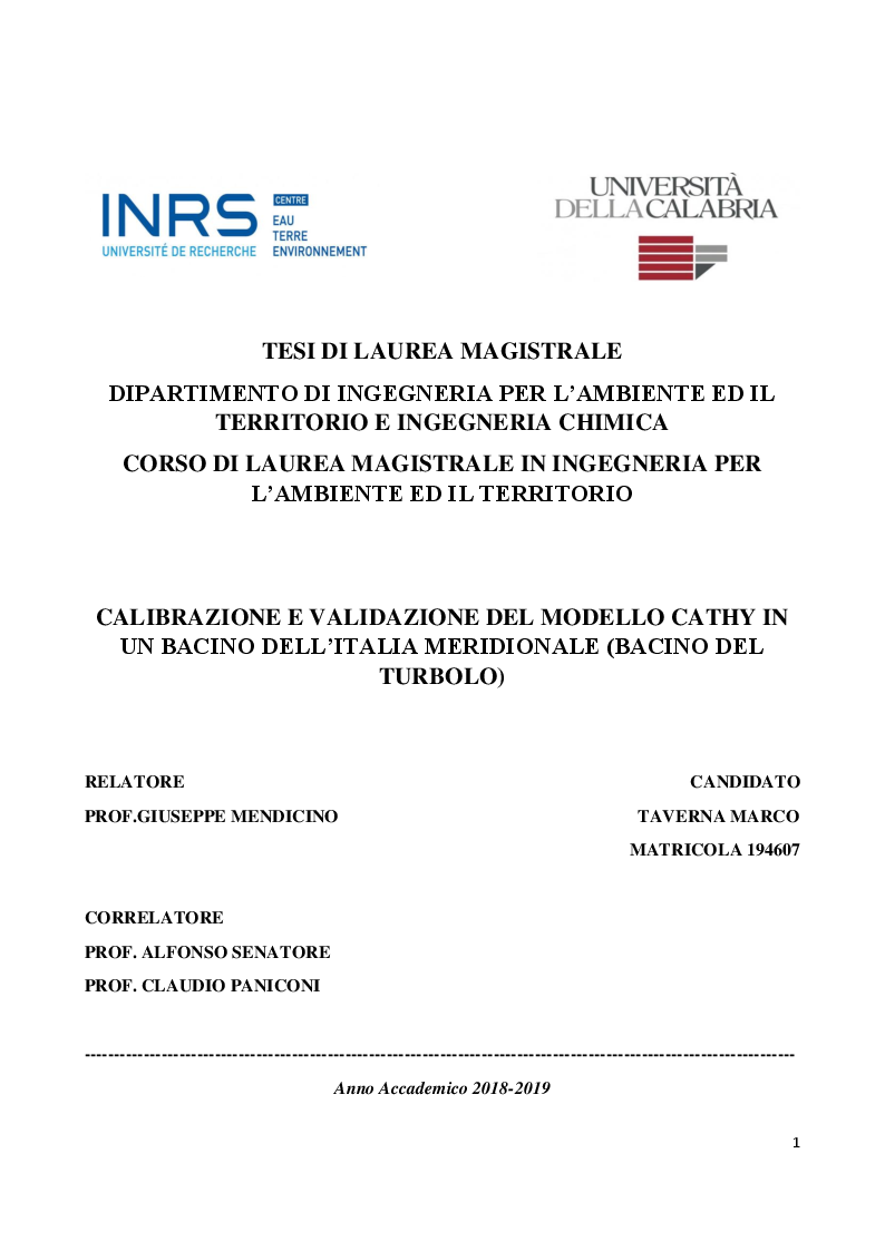 Anteprima della tesi: Calibrazione e validazione del modello Cathy in un bacino idrologico dell'Italia meridionale, Pagina 1