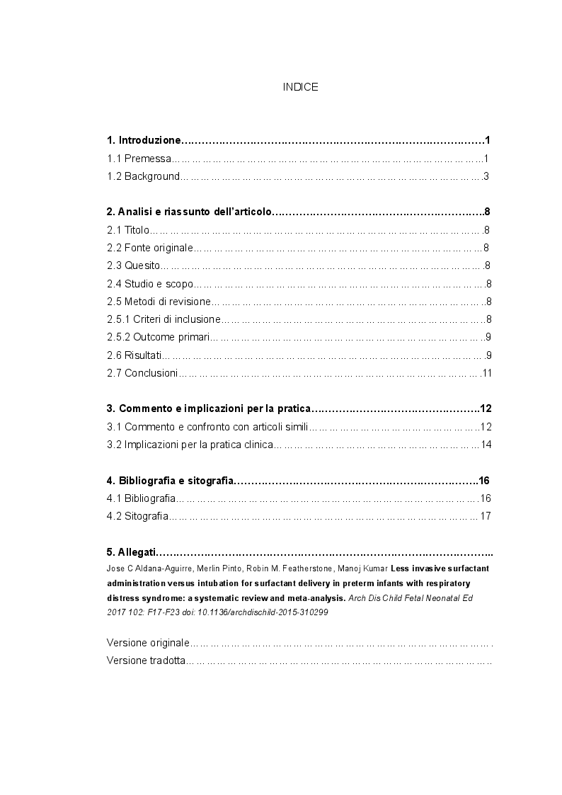 Indice della tesi: L'utilizzo della metodica LISA per la somministrazione di surfattante nei neonati prematuri con sindrome da distress respiratorio, Pagina 1
