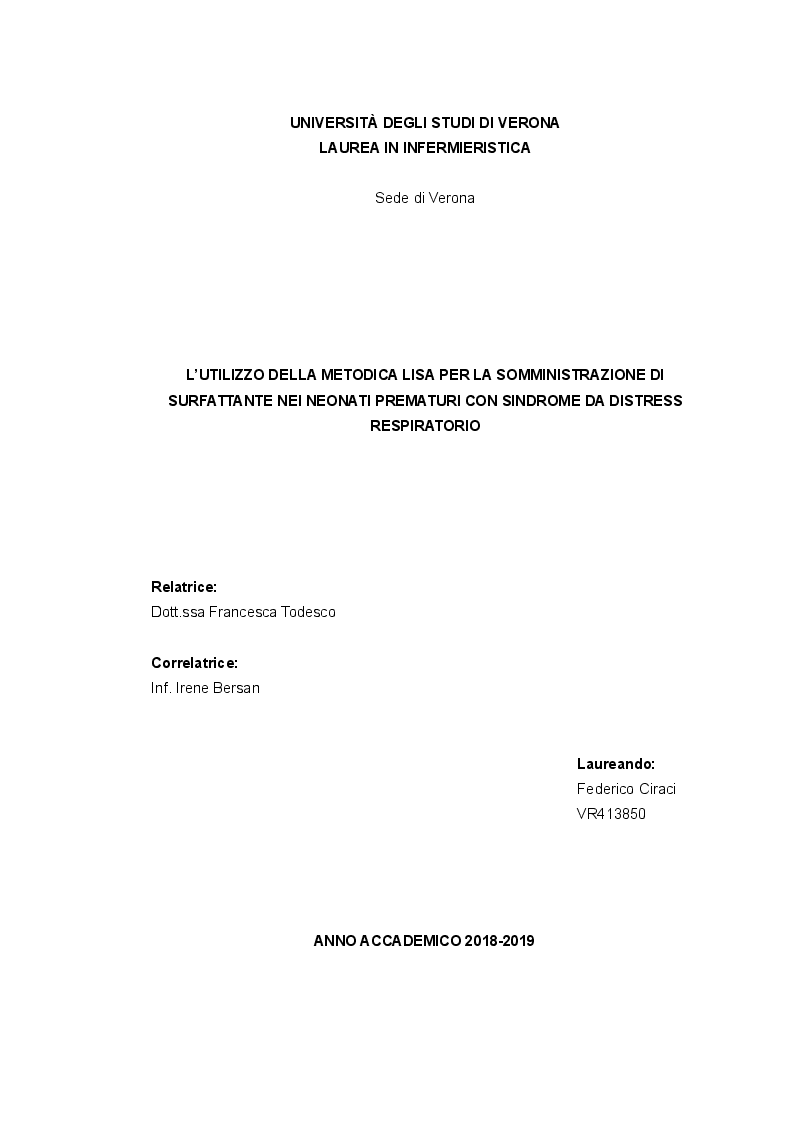 Anteprima della tesi: L'utilizzo della metodica LISA per la somministrazione di surfattante nei neonati prematuri con sindrome da distress respiratorio, Pagina 1