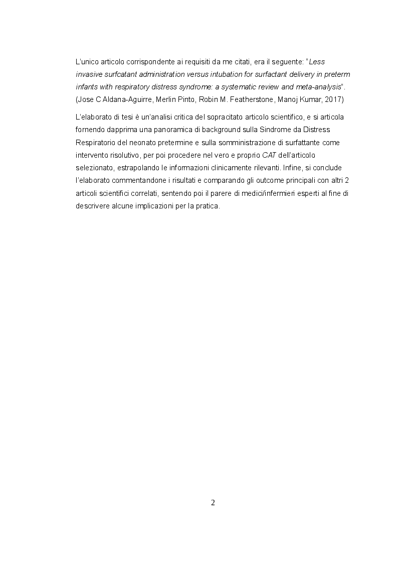 Anteprima della tesi: L'utilizzo della metodica LISA per la somministrazione di surfattante nei neonati prematuri con sindrome da distress respiratorio, Pagina 3