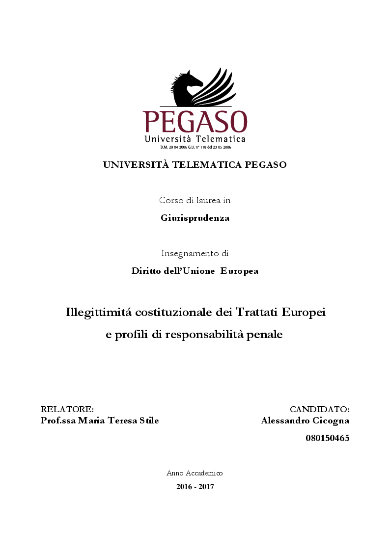 Anteprima della tesi: Illegittimità costituzionale dei Trattati Europei e profili di responsabilità penale, Pagina 1