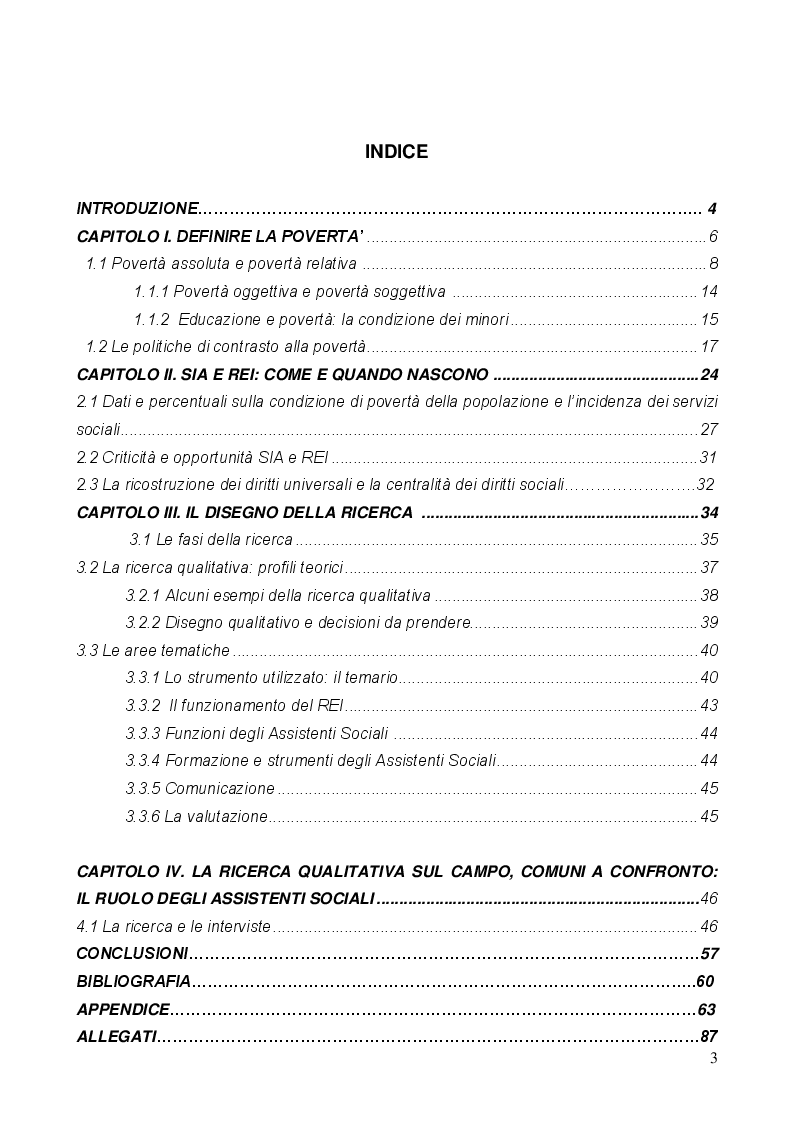 Indice della tesi: Il ruolo degli Assistenti Sociali nel SIA e REI: una ricerca sul campo in Calabria, Pagina 1