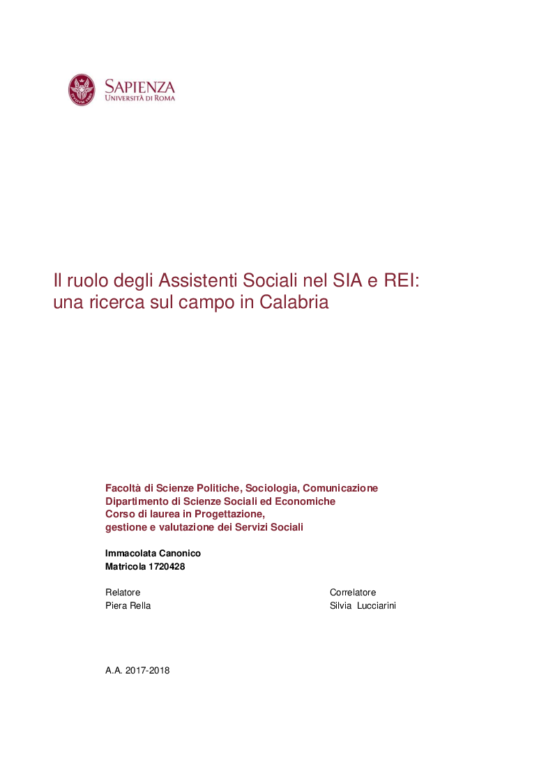 Anteprima della tesi: Il ruolo degli Assistenti Sociali nel SIA e REI: una ricerca sul campo in Calabria, Pagina 1