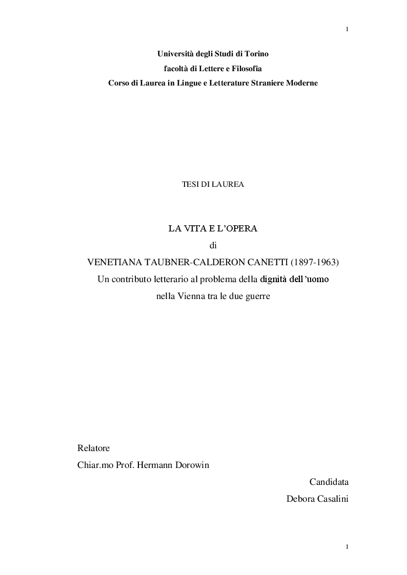 Anteprima della tesi: La vita e l'opera di Venetiana Taubner-Calderon Canetti (1897-1963). Un contributo letterario al problema della dignità dell'uomo nella Vienna tra le due guerre, Pagina 1