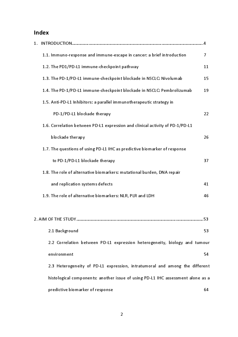 Indice della tesi: Correlation between PD-1 and PD-L1 expression profile, NLR, LDH and Objective Response Rate, PFS and OS in advanced NSCLC after immunotherapy, Pagina 1