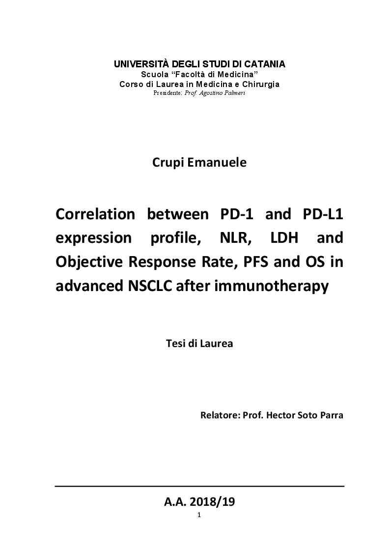 Anteprima della tesi: Correlation between PD-1 and PD-L1 expression profile, NLR, LDH and Objective Response Rate, PFS and OS in advanced NSCLC after immunotherapy, Pagina 1