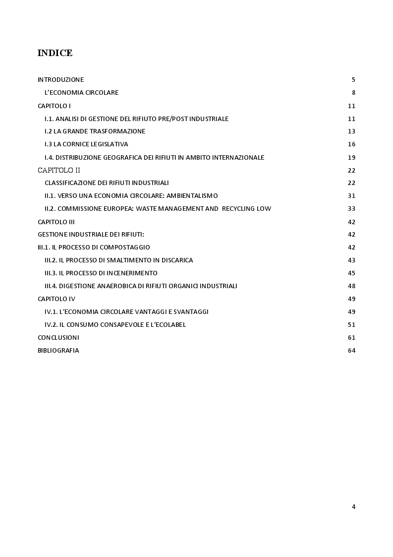 Indice della tesi: La produzione industriale dei rifiuti nel ciclo economico. Vantaggi e svantaggi dell’Economia Circolare, Pagina 1