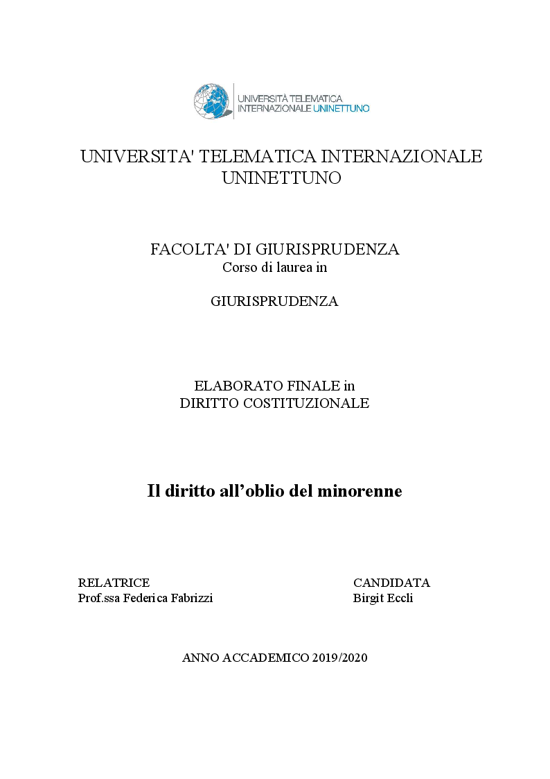 Anteprima della tesi: Il diritto all’oblio del minorenne, Pagina 1