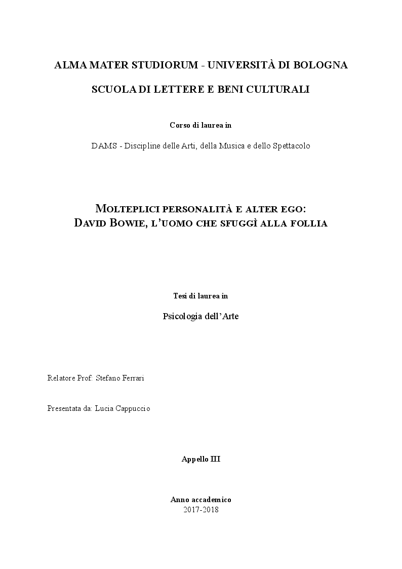 Anteprima della tesi: Molteplici personalità e alter ego: David Bowie, l’uomo che sfuggì alla follia, Pagina 1