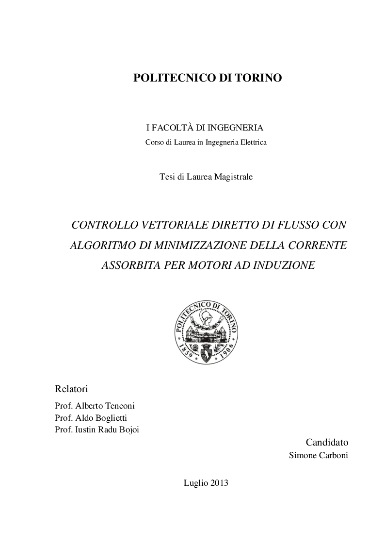 Anteprima della tesi: Controllo vettoriale diretto di flusso con algoritmo di minimizzazione della corrente assorbita per motori ad induzione, Pagina 1