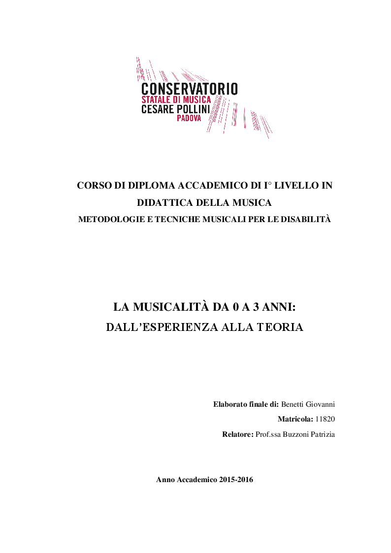Anteprima della tesi: La musicalità da 0 a 3 anni: dall'esperienza alla teoria, Pagina 1