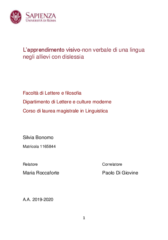 Anteprima della tesi: L'apprendimento visivo-non verbale di una lingua negli allievi con dislessia, Pagina 1