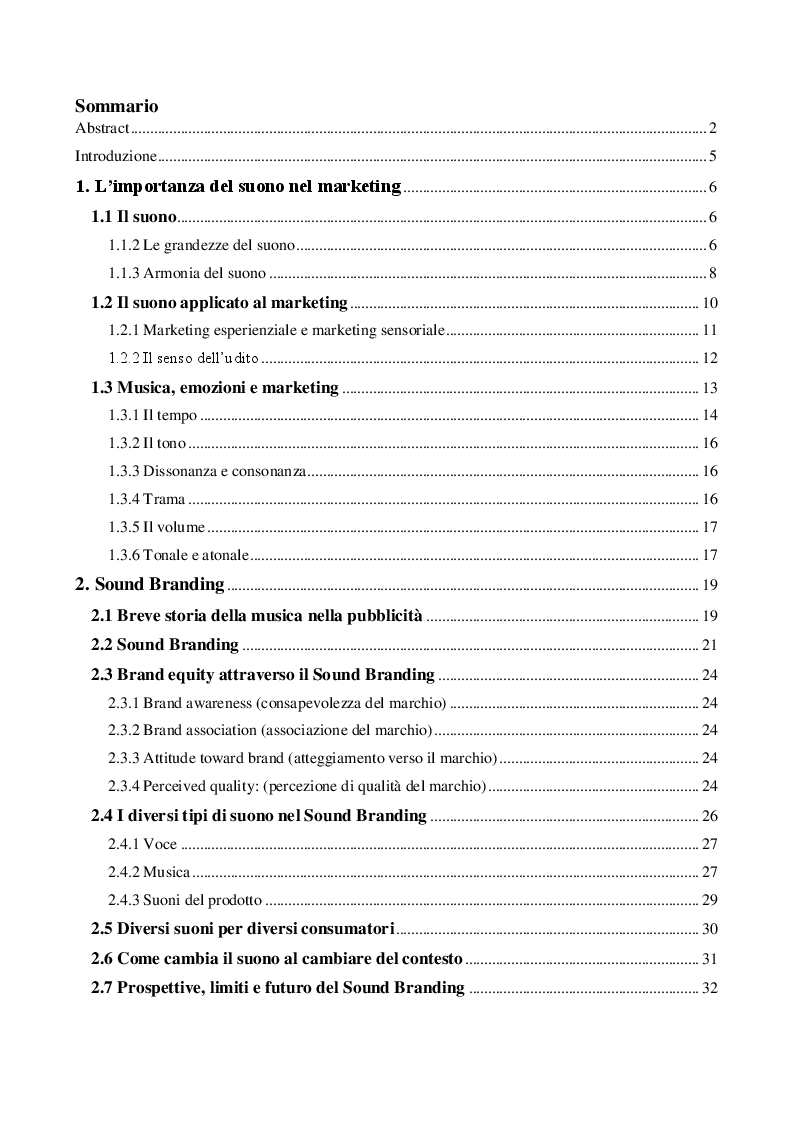 Indice della tesi: Marketing uditivo. Come gestire il suono in un'esperienza sensoriale, Pagina 1