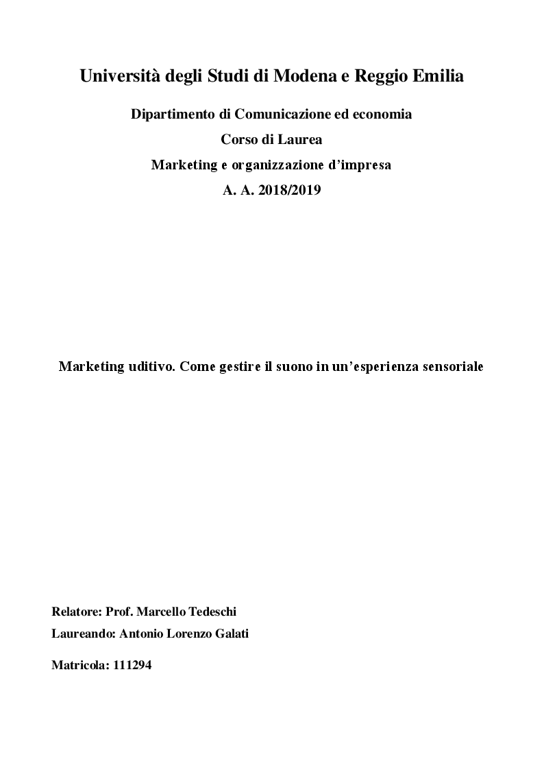 Anteprima della tesi: Marketing uditivo. Come gestire il suono in un'esperienza sensoriale, Pagina 1