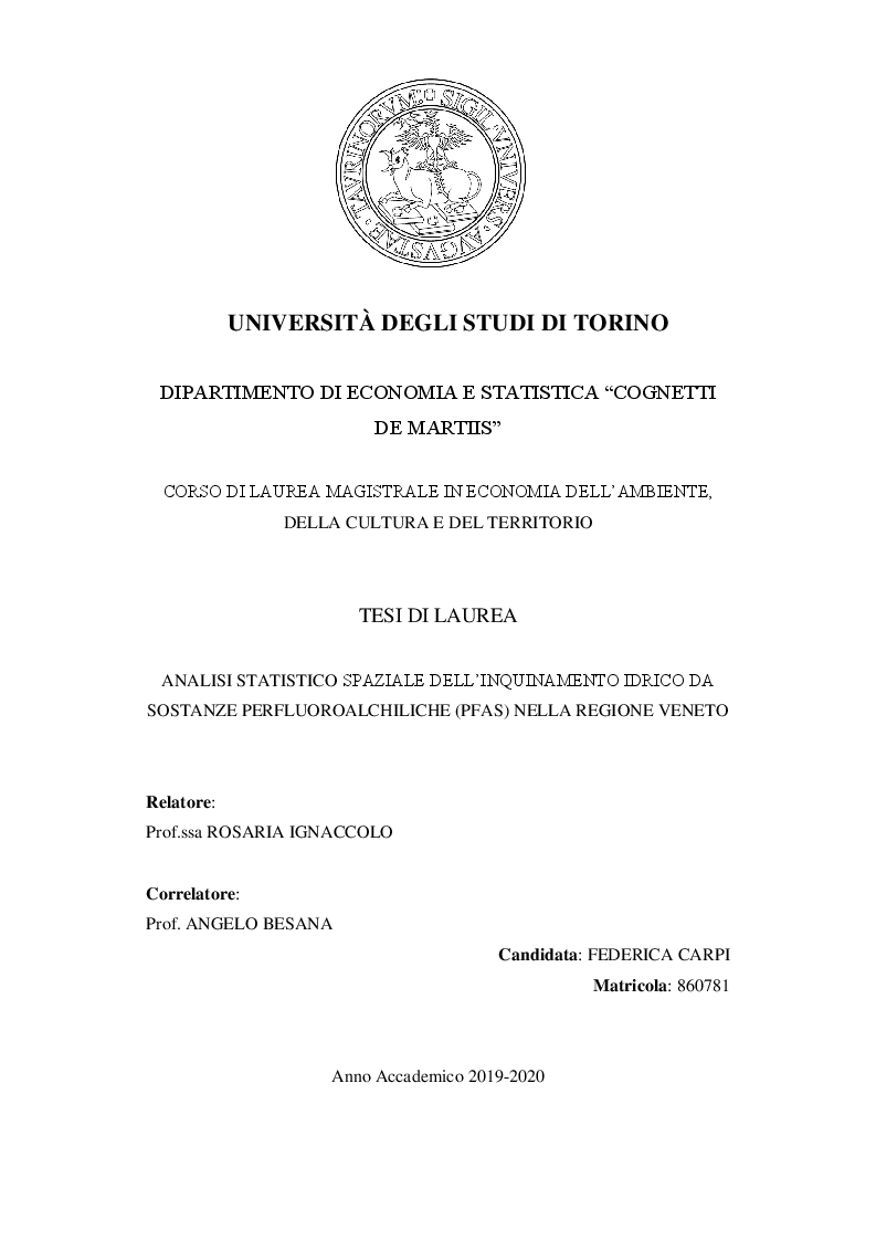 Anteprima della tesi: Analisi statistico spaziale dell'inquinamento idrico da sostanze perfluoroalchiliche PFAS nella Regione Veneto, Pagina 1