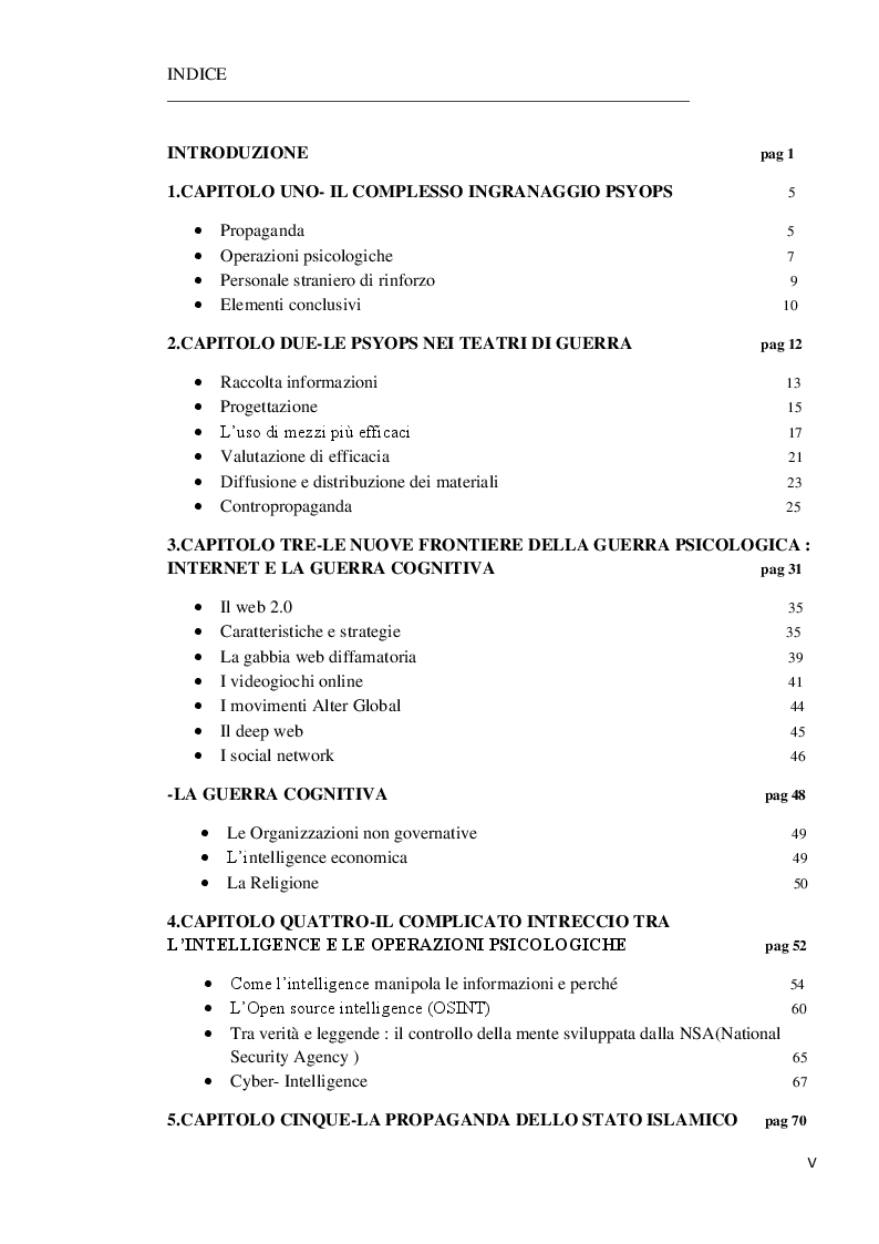 Indice della tesi: Le operazioni psyops: l’arte del persuadere, alterare e influenzare, Pagina 1