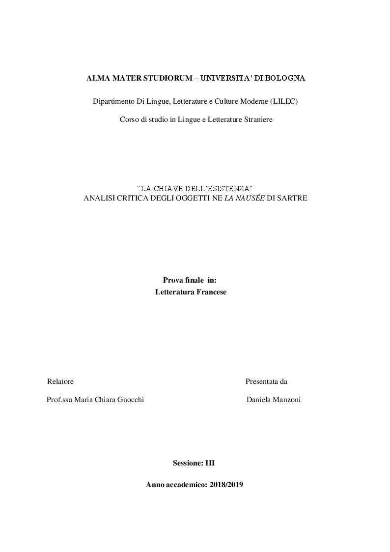 Anteprima della tesi: ''La chiave dell'esistenza'' Analisi critica degli oggetti ne La nausée di Sartre, Pagina 1