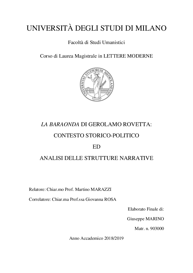 Anteprima della tesi: La Baraonda di Gerolamo Rovetta: contesto storico-politico ed analisi delle strutture narrative, Pagina 1