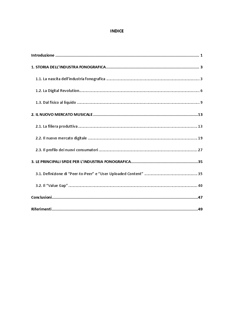 Indice della tesi: Storia, struttura e problematiche dell'industria fonografica - Dalle origini al “Value Gap”, Pagina 1